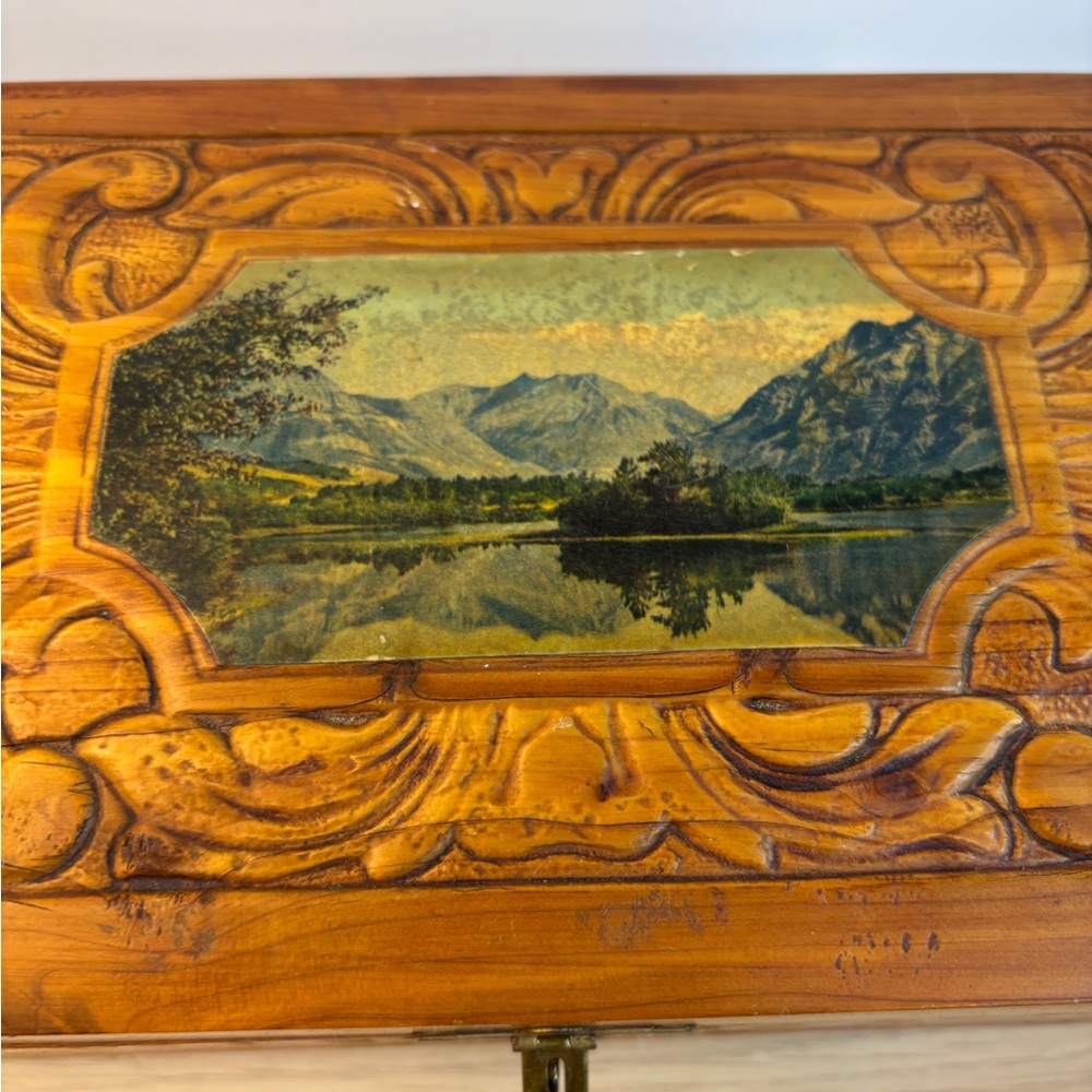 Vintage Hand-Carved Wooden Dovetail Box Scenic Inlay Mirror - Honey Brown - Picture 2 of 14